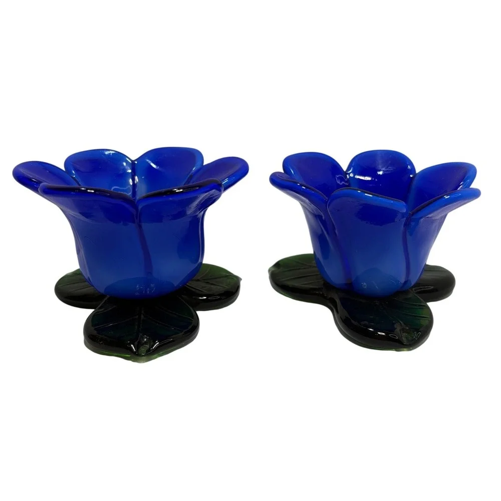 Cobalt Blue Glass Flower Candle Holders Green Leaf Base Set of 2 Vintage